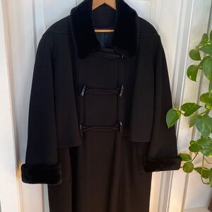 Vintage 100% Wool Women’s Long Winter Trench Coat Veovet Collar Cuffs Black